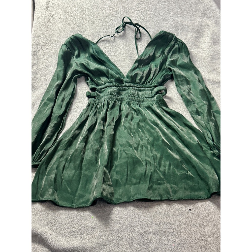Emerald Green Satin V-Neck Smocked Mini Dress Long Sleeve Tie Back Cocktail